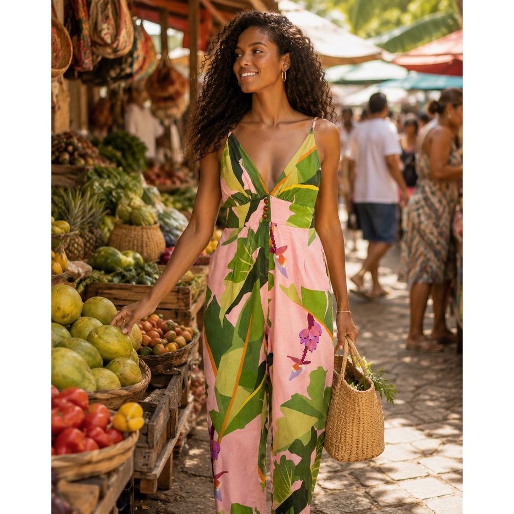 Farm Rio Tropicalistic Jumpsuit Pink Tropical Print Linen Blend Size P Pockets - Picture 9 of 9